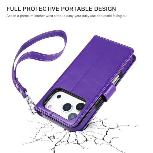 Bocasal Detachable Wallet Case Card Holder for iPhone 17 Pro, Purple | RFID Blocking Kickstand Card Slots Holder PU Leather Magnetic Shockproof Wrist Strap Removable Flip Protective Cover 6.3 inch - color: Purple