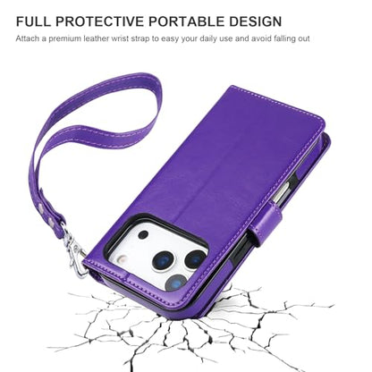 Bocasal Detachable Wallet Case Card Holder for iPhone 17 Pro, Purple | RFID Blocking Kickstand Card Slots Holder PU Leather Magnetic Shockproof Wrist Strap Removable Flip Protective Cover 6.3 inch - color: Purple
