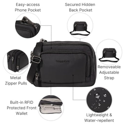 Baggallini Triple Zip with Front Wallet/Trifecta RFID Wallet Crossbody - color: Black Puff