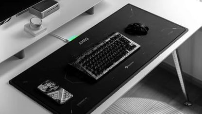 Angry miao Wireless Charging Mouse Pad, Large RGB Gaming Desk Mat with Fast Wireless Charging Area, Extended Non-Slip Mousepad for Office and Gaming, Durable Water-Resistant Surface