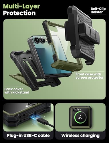 i-Blason for Samsung Galaxy Z Flip 7 Case with Stand & Belt-Clip, Green | Built-in Screen Protector, Hinge Protection, Belt-Clip, KickStand, Full-Body Protection, Military - color: Guldan