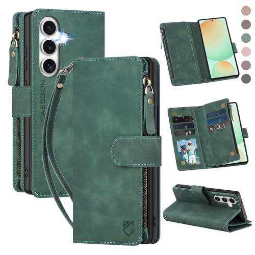 for Samsung Galaxy S24-FE-Wallet Case: with RFID Blocking Card Slots (6 Cards) | Soft PU Leather Magnetic Snap Zipper Pocket | Crossbody Wrist Strap Protective Phone Cover - Green - color: Green, size: Galaxy S24 FE（6.7‘’）