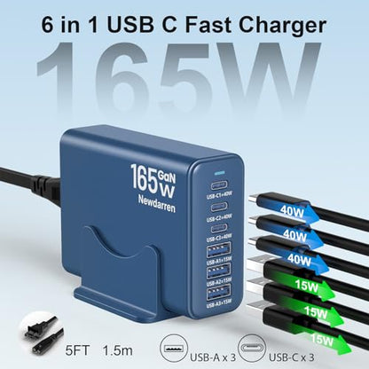 165W Charging Station, 6 Port Desktop Charger, 3 Ports 40W Blue - color: Deep Blue