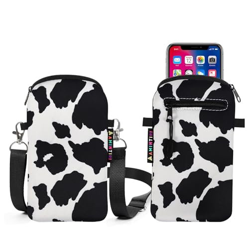 Lanyard Phone Holder Pouch, Phone Bag with Pocket for iPhone & Samsung - color: Cow Print