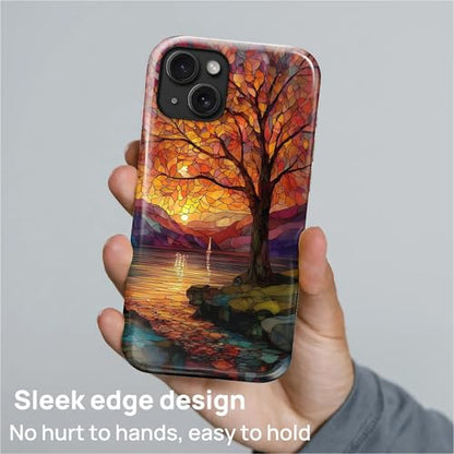 Magnetic Phone Case for iPhone 13/14,Compatible with MagSafe,Durable 2 Layers Full Covered Shockproof Protective Cover-Stained Glass Sunrise Fall Leaves - color: Stained Glass Sunrise Fall Leaves, size: iPhone 13/14
