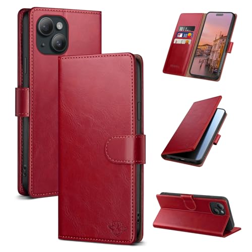 Wallet Case for iPhone 15 6.1", Red | RFID-Blocking Card Holder, Kickstand, Magnetic Closure, PU Leather Folio Flip Cover, Protective Women Men Cases - color: Red, size: iPhone 15
