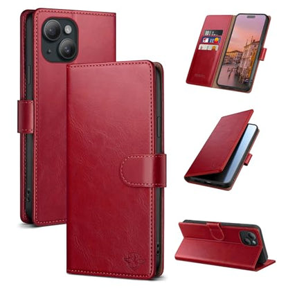 Wallet Case for iPhone 15 6.1", Red | RFID-Blocking Card Holder, Kickstand, Magnetic Closure, PU Leather Folio Flip Cover, Protective Women Men Cases - color: Red, size: iPhone 15