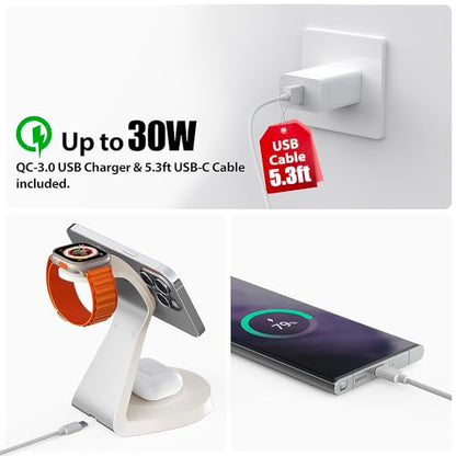 3 in 1 Charging Station for Apple Devices,Mag-Safe Charger Stand Fast Charging,Wireless Charger for iPhone 16/15/14/13/12 Series,& AirPods,& iWatch(USB Charger Included) - color: Warm Gray