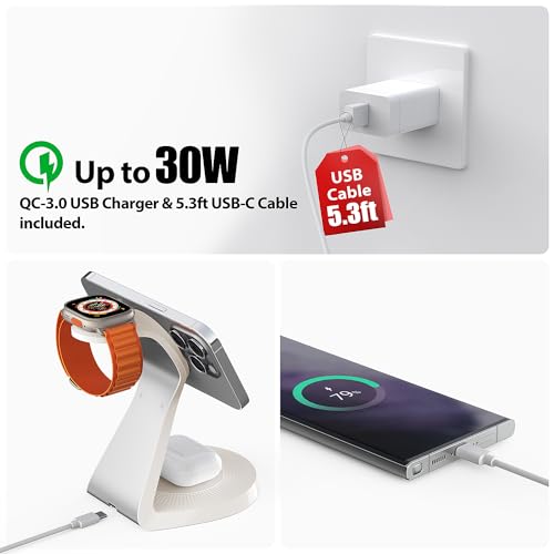 3 in 1 Charging Station for Apple Devices,Mag-Safe Charger Stand Fast Charging,Wireless Charger for iPhone 16/15/14/13/12 Series,& AirPods,& iWatch(USB Charger Included) - color: Warm Gray