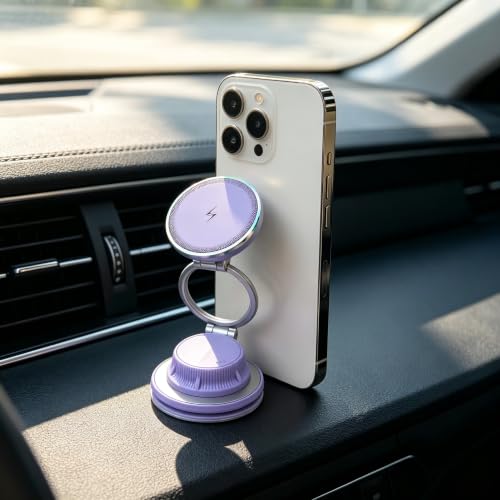 Purple Fast Wireless Car Charger, Magnetic Dashboard Phone Holder, 360 Rotating Foldable Bracket, Compatible with MagSafe - color: Purple