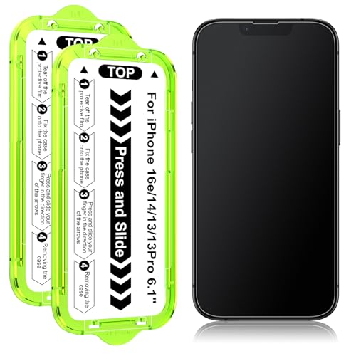 2 Pack Matte Screen Protector for iPhone 13/14 / 13 Pro / 16e (6.1 Inch) with Auto Alignment Quick Fit Frame, Anti Glare Anti Fingerprint Easy Installation Tempered Glass