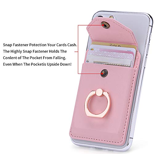 Cell Phone Card Holder RFID Ring Stand Stick on Wallet Card Holder for Back of Phone iPhone Android and All Smartphones Adhesive Credit Card Holder Pink - color: Pure Pink