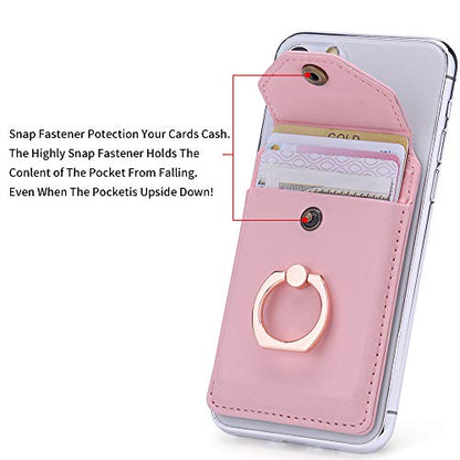 Cell Phone Card Holder RFID Ring Stand Stick on Wallet Card Holder for Back of Phone iPhone Android and All Smartphones Adhesive Credit Card Holder Pink - color: Pure Pink