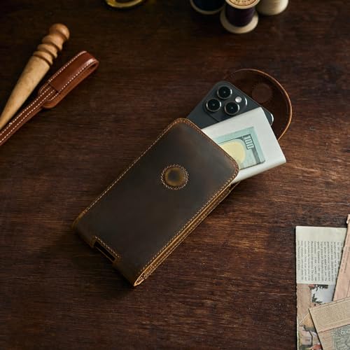 Top Grain Leather Cell Phone Holster Belt Pouch with Belt Clip Loop - color: Coffee