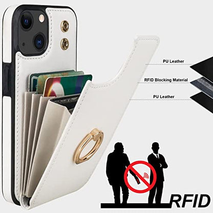 Folosu Compatible with iPhone 14 Case Wallet with Card Holder, 360°Rotation Finger Ring Holder Kickstand, RFID Blocking Leather Protective Double Buttons Shockproof Cover 6.1 Inch White - color: White, size: iPhone 14