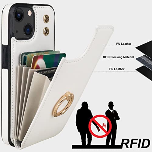 Folosu Compatible with iPhone 14 Case Wallet with Card Holder, 360°Rotation Finger Ring Holder Kickstand, RFID Blocking Leather Protective Double Buttons Shockproof Cover 6.1 Inch White - color: White, size: iPhone 14