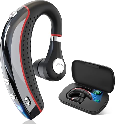 Bluetooth headset,Bluetooth earpiece 500mAh Charging Case 72H of talk time, Bluetooth Headset with Noise Canceling Mic Voice Control Lightweight Sweat-Resistant Design For iphone Work Driver Office - color: Red