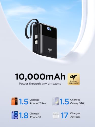 Portable Charger 10000mAh Power Bank Fast Charging, 22.5W USB C Battery Pack with Built-in Cables, Small Portable Charger Travel Essentials Power Bank for iPhone 17 16 15 14, Samsung, iPad, Android