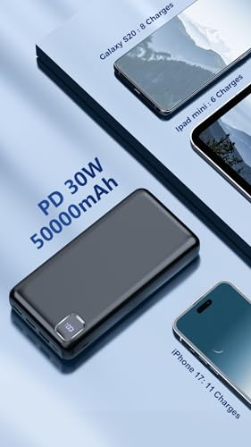 Portable Charger Power Bank 50000mAh, 30W PD Fast-Charge Battery Pack - color: Black