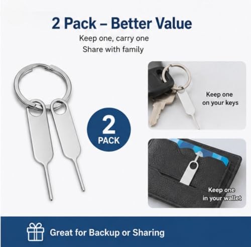 2 Pack PHONSUN Universal Sim Card Tray Removal Tool SD Opening Eject Pin fits Keyring for iPhone iPad Samsung Galaxy Google Pixel Motorola Phones (Key Ring is not Included) - size: 2 Pack Large
