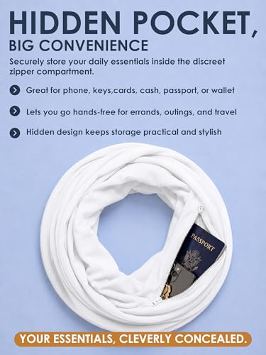 Pop Fashion Solid Color Hidden Zipper Pocket Scarf - Fashion Scarf for Women - All Seasons - color: White