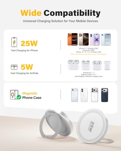 2Pack Magnetic Wireless iPhone Charger Fast Phone Charger with Stand, 6FT 25W Fast Phone Charging Pad Wireless Magnetic Charge for iPhone 17/17Air/16 Pro Max/16 Plus/15 Pro Max/AirPods3/2/Pro White - color: White, size: 6ft-2PK
