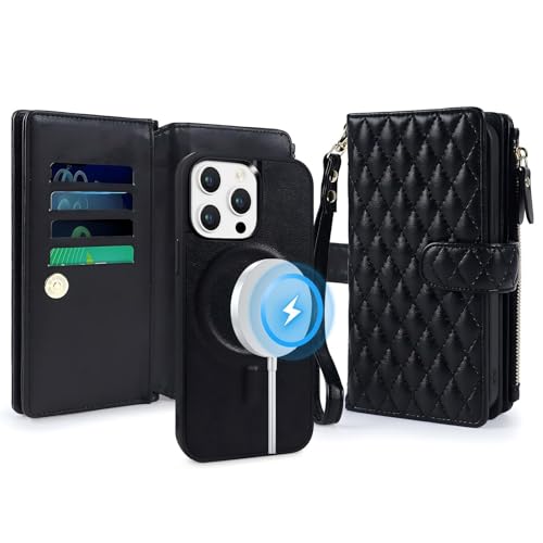 for iPhone 15 Pro Case Wallet,Compatible with MagSafe 2 in 1 Magnetic Detachable PU Leather RFID Blocking Wallet Cover Card Holder Zipper Wrist Strap Lanyard,Quilted Black - color: Quilted Black, size: iPhone 15 Pro