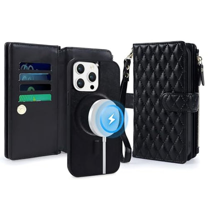 for iPhone 15 Pro Case Wallet,Compatible with MagSafe 2 in 1 Magnetic Detachable PU Leather RFID Blocking Wallet Cover Card Holder Zipper Wrist Strap Lanyard,Quilted Black - color: Quilted Black, size: iPhone 15 Pro