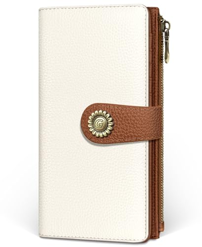 GIANCOMICS White Caramel Womens Wallet RFID, Long Credit Card Holder Bifold | Billfold, Cute Cash Purse, Travel Zipper Coin Pocket, Compact Clutch, PU Leather, ID Window, 11 Card Slots, Ladies Gift Woman - color: A Beige and Pumpkin