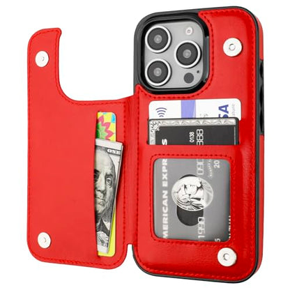 ONETOP for iPhone 16 Pro Wallet Case with Credit Card Holder,Red | Kickstand,ID/Cash Holder,Case Wallet with Card Slots,Double Magnetic Clasp,Durable PU Leather Shockproof Cover for Women Men - color: Red