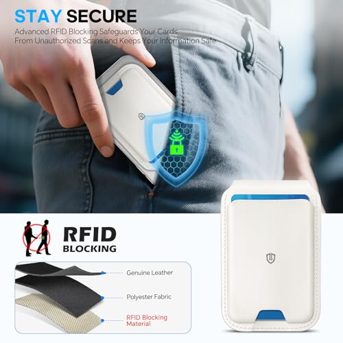SHIELDON Genuine Leather Magnetic Wallet Stand for MagSafe, White | Strong Magnetic, Card Holder, Kickstand, Angle Adjustment, Rfid Blocking, for iPhone 17/16/15/14/13/12 Series & Magnet Case - color: White