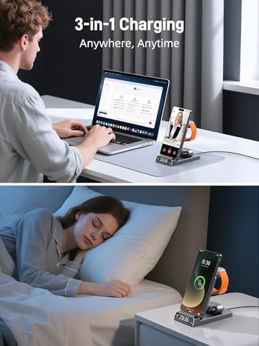 Wireless Charger for Samsung S25 with Clock 3 in1 Foldable Charging Station - color: Grey