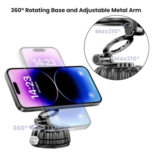 Strong Suction Cup Magnetic Car Phone Holder for iPhone & Android Phones, Shock-Resistant Phone Mount for Dashboard Windshield, 360° Rotation, Heavy-Duty, Foldable, Hands-Free, Ideal for Navigation - color: Black
