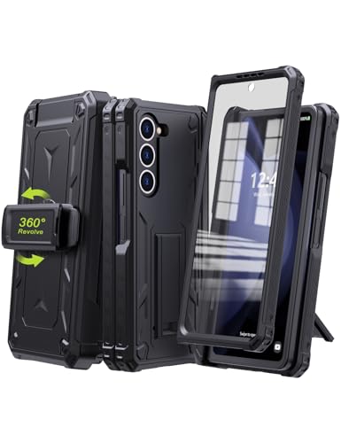 KJSK for Samsung Galaxy Z Fold 5 Case,with S Pen Holder+Belt Clip Holster+Built-in Kickstand+Hinge Protection,Heavy Duty Military Grade Drop Proof Case for Galaxy Z Fold 5(Black) - color: Black