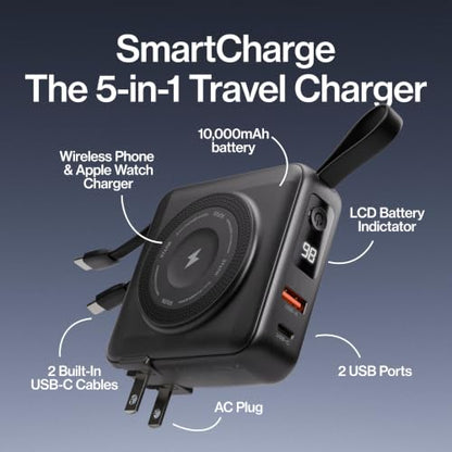 Statik SmartCharge (Gen 2) Power Bank, 5-in-1 Travel Charger, Wall Plug & Built-in USB C Cables, Watch Charger for Apple Watch, 10000mAh, European Adapter, Compatible with iPhone, iPad, Samsung - color: Gen 2 Black