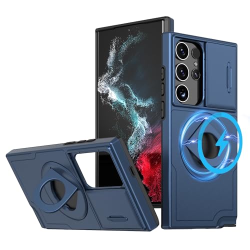 ANNGELAS for Samsung Galaxy S23 Ultra Mag Safe Kickstand Case with Slide Camera Cover,Slim Shockproof Military Heavy Duty Anti Drop Full Body Protection,360 Rotating Stand Magnetic Phone Case(Blue) - color: Magnetic Stand Blue