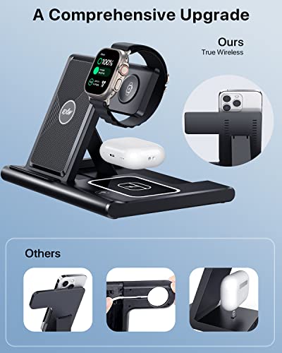 EXW [2024 Upgraded] Charging Station, Charging Station for Apple Devices, Wireless Charger for iPhone 16 15 14 13 12 11 Pro Max XR XS 8, Apple Watch and AirPods(Adapter Not Included)(Rock Black)