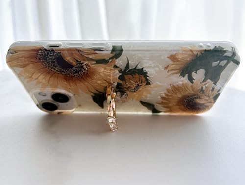 Qokey for iPhone 13/14 Case 6.1 inch,Flower Design Cute Clear for Women Girls with 360 Degree Rotating Ring Kickstand Soft TPU Shockproof Cover Sunflower - color: Sunflower