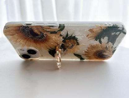 Qokey for iPhone 13/14 Case 6.1 inch,Flower Design Cute Clear for Women Girls with 360 Degree Rotating Ring Kickstand Soft TPU Shockproof Cover Sunflower - color: Sunflower