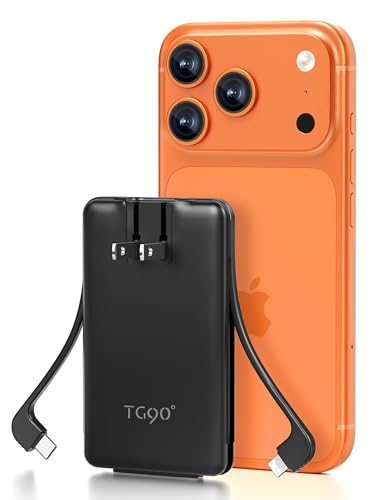TG90° 5000mah Ultra Slim Power Bank Built-in AC Plug & 2 Cables,Black - color: Black