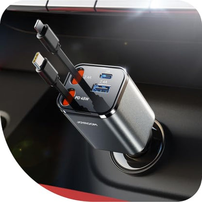 JOYROOM Retractable Car Charger 84W Car Charger USB C Fast Charge 4 in 1 - color: Gray