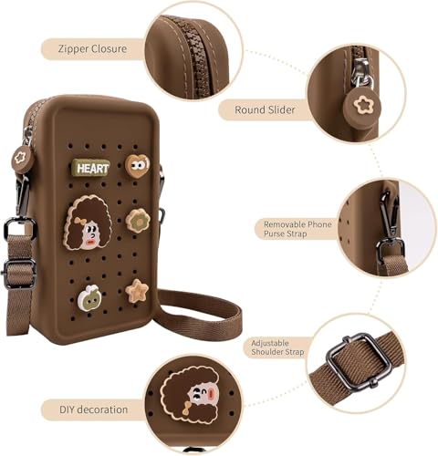 Silicone Crossbody Bag for Women, DIY Charm Compatible Perforated Hole Design, Compact Waterproof Lightweight Phone Purse with Adjustable Strap for Daily Use (Brown) - color: Brown