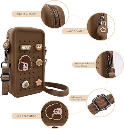 Silicone Crossbody Bag for Women, DIY Charm Compatible Perforated Hole Design, Compact Waterproof Lightweight Phone Purse with Adjustable Strap for Daily Use (Brown) - color: Brown