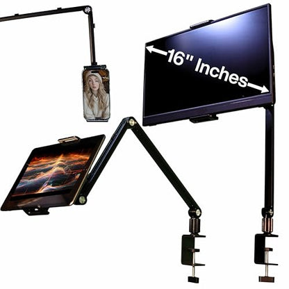 Stand for 16 Inch Portable Monitor - Heavy Duty Aluminum Mount with Infinite Angle Adjustment, Built-in Cable Management - Fits iPad Pro 12.9, Tablets, iPhone (Holds 4.7"-16" Devices) - color: Black