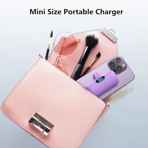 Mini Portable Charger USB C Power Bank,Upgraded 5000mAh PD Fast Charging Battery Pack Built-in USB-C Connector Travel Essential for iPhone17/17Pro/17Pro Max/Air/16 Plus/16Pro Max/15 Series,Android etc - color: Purple