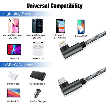 USB-C to Lightning Cable 10ft 90 Degree MFi Nylon Braided Cord - size: 10 FT