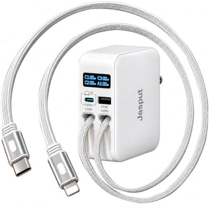 Jasput 67W Retractable Wall Charger, Built-in USB-C & for Apple Cables - color: White-CL