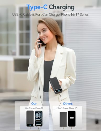 aonidi Portable Charger 20000mAh with Built-in Cables&AC Wall Plug, Black - color: Jet Black