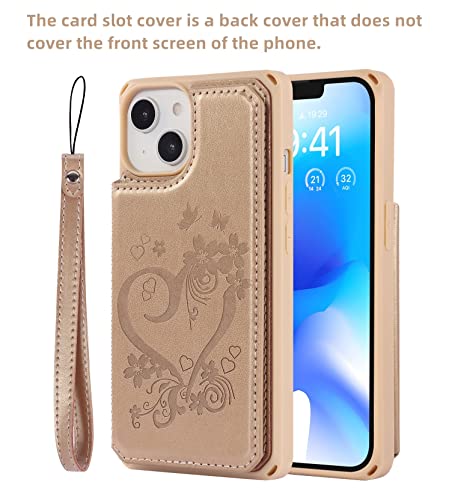 iCoverCase Compatible with iPhone 14 Wallet Phone Case with Card Holder for Women, RFID Blocking Embossed PU Leather Wrist Strap Case 6.1 Inch (Heart Gold) - color: H-Gold