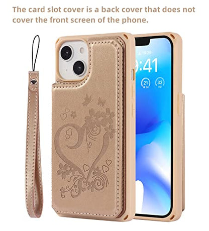 iCoverCase Compatible with iPhone 14 Wallet Phone Case with Card Holder for Women, RFID Blocking Embossed PU Leather Wrist Strap Case 6.1 Inch (Heart Gold) - color: H-Gold